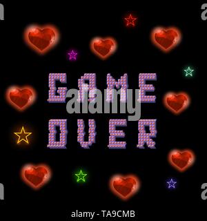 Pixel Game Over Sign with Hearts on Black Backround. Gaming Concept. Colored Glitch Desin. Video Game Screen. Stock Vector