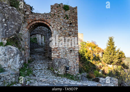 Part of the byzantine archaeological site of Mystras in Peloponnese, Greece. View of the remains of buildings in the middle city of the ancient Mystra Stock Photo