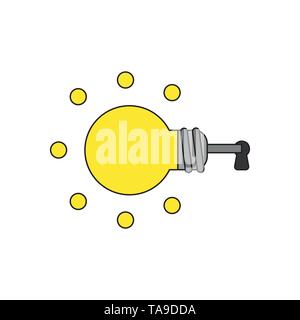 Vector icon concept of glowing yellow light bulb key inside keyhole. Black outlines and colored. Stock Vector