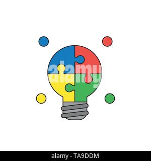 Vector icon concept of four light bulb puzzle pieces connected and glowing. Black outlines and colored. Stock Vector