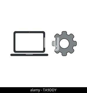 Vector icon concept of laptop computer with gear. Black outlines and colored. Stock Vector