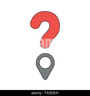 Vector icon concept of question mark with map pointer. Black outlines and colored. Stock Vector