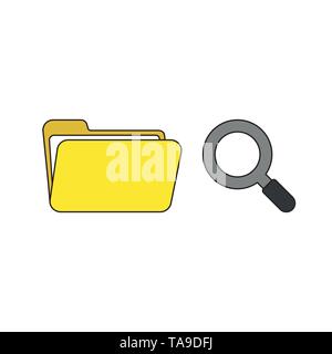 Vector icon concept of opened file folder with magnifying glass. Black outlines and colored. Stock Vector