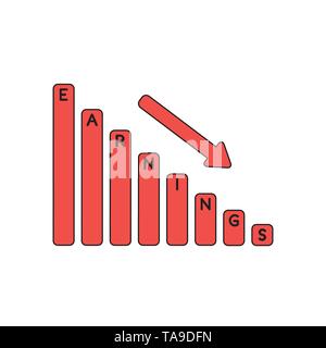 Vector icon concept of earnings sales bar graph moving down. Black outlines and colored. Stock Vector