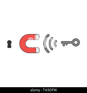 Vector icon concept of magnet attracting key to keyhole. Black outlines and colored. Stock Vector