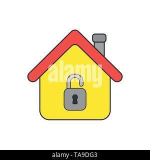 Vector icon concept of house with opened padlock. Black outlines and colored. Stock Vector