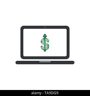 Vector illustration icon concept of dollar symbol arrow moving up inside laptop computer. Black outlines and colored. Stock Vector