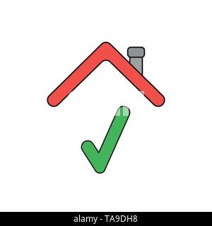Vector icon concept of check mark under house roof. Black outlines and colored. Stock Vector