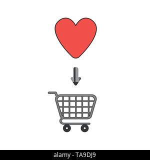 Vector icon concept of red heart inside shopping cart. Black outlines and colored. Stock Vector