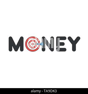 Vector icon concept of money word with bulls eye and dart in the center. Black outlines and colored. Stock Vector