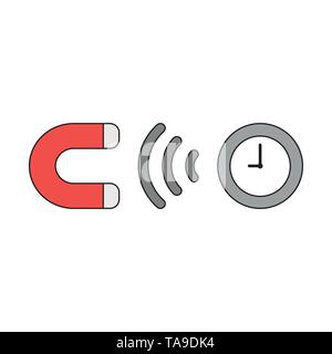 Vector icon concept of magnet attracting clock time. Black outlines and colored. Stock Vector