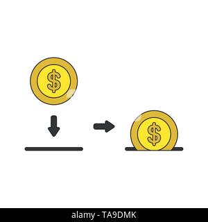 Vector icon concept of dollar money coin inside moneybox hole. Black outlines and colored. Stock Vector