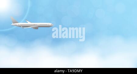 Travel design with airplane. Blue sky over the clouds with sunshine, bokeh. Stock Vector