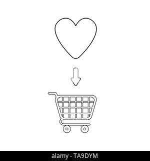 Vector icon concept of heart inside shopping cart. Black outlines. Stock Vector