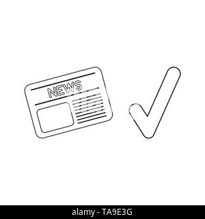 Vector icon concept of newspaper with check mark. Black outlines. Stock Vector