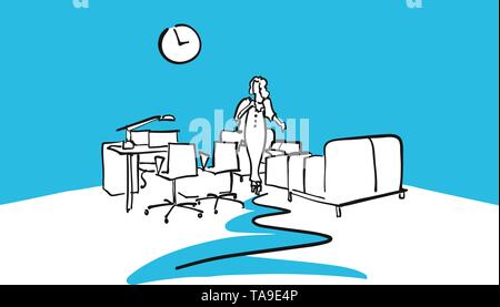 Office interior drawing with woman and blue background. Hand drawn vector art for architecture and communication projects. Stock Vector