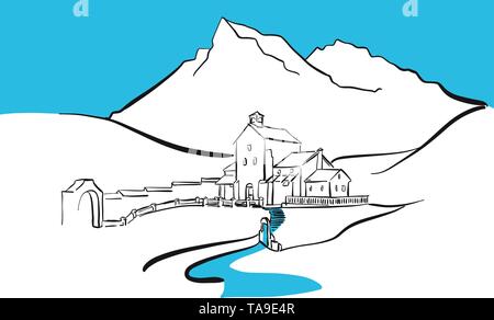 Old farm in mountains drawing. Clean sketch, hand drawn vector art for architecture and communication projects. Stock Vector