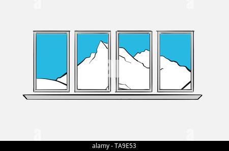 Mountains behind windows. Longing for the mountains. Hand drawn vector art for architecture and communication projects. Stock Vector