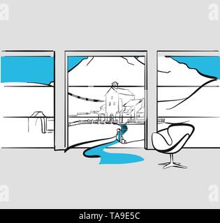 Holiday planning from the office to the mountains. Hand drawn vector art for architecture and communication projects. Stock Vector