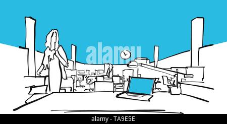 Office room drawing with clock. Hand drawn vector art for architecture and communication projects. Stock Vector