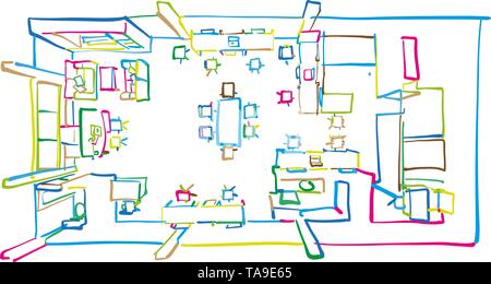 Office floorplan drawing top view. Hand drawn vector art for architecture and communication projects. Stock Vector