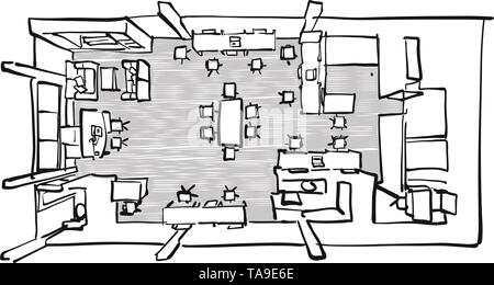 Office planning concept from top. Hand drawn vector art for architecture and communication projects. Stock Vector