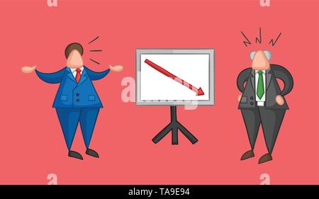 Hand-drawn vector illustration businessman worker showing sales chart arrow moving down and boss is angry. Colored and colored outlines, red backgroun Stock Vector