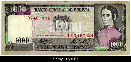 Historische Banknote, 1000 Peso, Dona Juana Azurduy de Padilla, 1982, Bolivien, Banknote from Bolivia Stock Photo