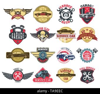 Moto or motorcycle, car or auto service icons Stock Vector