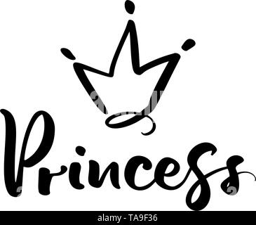 Hand drawn symbol of a stylized crown and calligraphic word Princess. Vector illustration isolated on white. Logo design Stock Vector