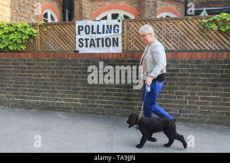 Wimbledon London, UK. 23rd May, 2019. A woman walks her dog to the polling station in Wimbledon to vote at the European Parliament Elections. It is forecast the Brexit Party of Nigel Farage is expected to do well at the expense of Labour and Conservative Parties at Elections which were not suppose to happen if Britain had left the European Union on 29 March  Credit: amer ghazzal/Alamy Live News Stock Photo