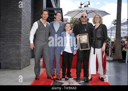 Los Angeles, CA, USA. 22nd May, 2019. Matthew McConaughey, Hunter Fieri, Ryder Fieri, Guy Fieri, Kathleen Finch at the induction ceremony for Star on the Hollywood Walk of Fame for Guy Fieri, Hollywood Boulevard, Los Angeles, CA May 22, 2019. Credit: Michael Germana/Everett Collection/Alamy Live News Stock Photo