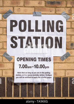 Willingham Cambridgeshire, UK. 23rd May, 2019. Voting takes place in the European Elections in a village just outside Cambridge at the Ploughman's Hall, a local community centre. The Cambridge area voted to Remain run the Brexit referendum. Credit: Julian Eales/Alamy Live News Stock Photo