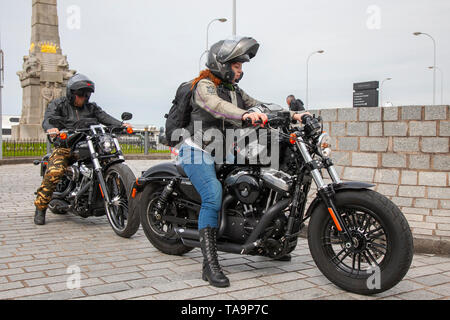 Isle of man TT race motorsport fans in Liverpool, Merseyside. 23rd May, 2019 UK Weather: Fine, sunny sailing condition as up to 200 motorcyclists queue to board the ferry to the Isle of Man to attend the island TT races.  Extra ferry services are to be added to cope with the large demand for spectators travelling to attend this year’s top motor sport week of qualifying event and the fastest road race on the planet. Credit: MediaWorldImages/AlamyLiveNews Stock Photo