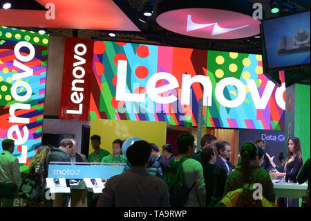 Barcelona, Spain. 02nd Mar, 2017. The stand of the world's largest PC manufacturer Lenovo and its Motorola brand can be seen at the Mobile World Congress in Barcelona. Lenovo, the world's largest computer manufacturer, ended the fiscal year with a strong result. In the fourth quarter, which ran until the end of March, profits more than tripled to 118 million dollars (106 million euros), as the Chinese group announced on 23 May 2019. Sales in the past quarter also exceeded analysts' expectations, rising by 10 percent to 11.6 billion dollars. Credit: Andrej Sokolow/dpa/Alamy Live News Stock Photo