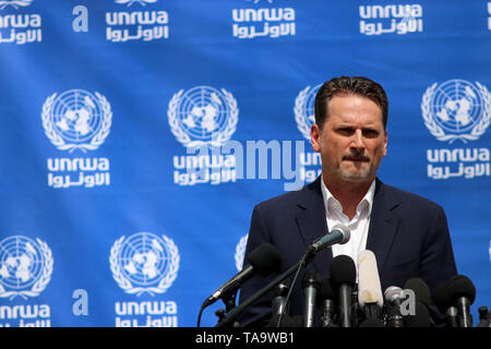 (190523) -- GAZA, May 23, 2019 (Xinhua) -- Comissioner-General of the United Nations Relief and Works Agency for Palestine Refugees (UNRWA) Pierre Krahenbuhl speaks during a press conference in Gaza City, May 23, 2019. Krahenbuhl said on Thursday that the agency will continue to provide services to Palestinian refugees despite financial difficulties. (Xinhua/Stringer) Stock Photo