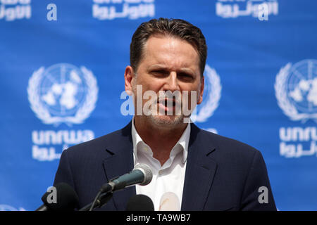 (190523) -- GAZA, May 23, 2019 (Xinhua) -- Comissioner-General of the United Nations Relief and Works Agency for Palestine Refugees (UNRWA) Pierre Krahenbuhl speaks during a press conference in Gaza City, May 23, 2019. Krahenbuhl said on Thursday that the agency will continue to provide services to Palestinian refugees despite financial difficulties. (Xinhua/Stringer) Stock Photo