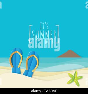 vector of flip flops slipper and starfish on sandy beach against blue sea and sky background. summer vacation concept Stock Vector