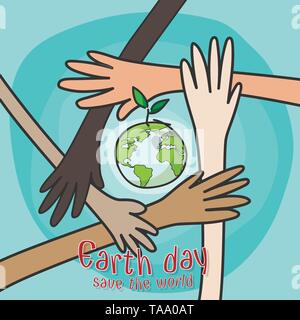 happy earth day , save the world concept. hands of people of different nationalities working together for saving environment nature conservation and c Stock Vector