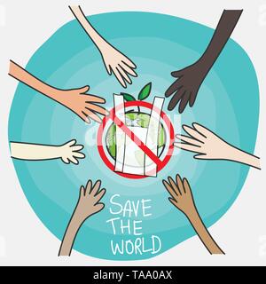 say no to plastic bags concept, cartoon style. cooperation of people in different nationalities with signage for stop using disposable polythene packa Stock Vector
