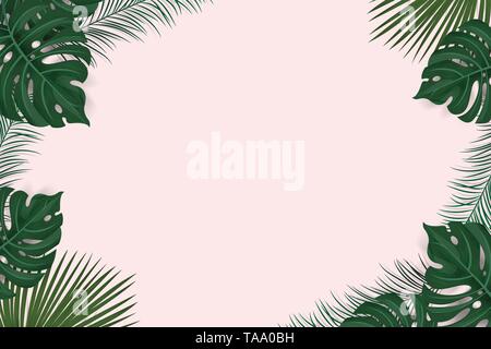 creative frame layout from tropical background with exotic palm leaves and plants isolated on pink background , flat lay. nature concept Stock Vector