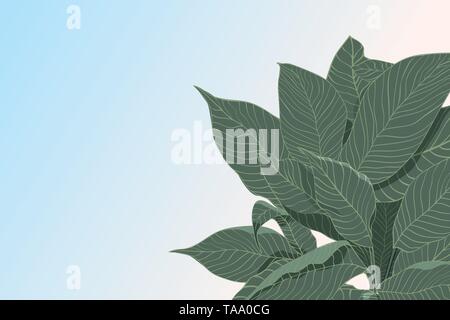 abstract vector background with sketch of green leafs isolated on pastel background , flat lay. nature concept Stock Vector