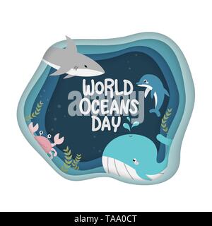 World Oceans Day. vector of marine life for celebration dedicated to help protect, and conserve world oceans, water, ecosystem and inform the public o Stock Vector