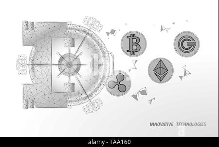 Low poly blue banking vault door. Privacy data safety storage. 3D Information protect security cryptocurrency concept. Antivirus protect finance Stock Vector