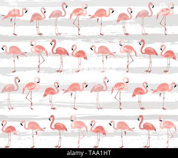 Tropical seamless pattern with bright tropical bird pink flamingo on white background with blue stripes. Vector summer design for fabrics Stock Vector