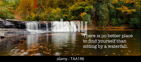 Hooker Falls in North Carolina in late autumn with colorful fall foliage and an inspirational text Stock Photo