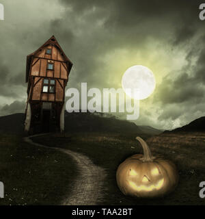 Apocalyptic Halloween scenery with old house pumpkin moon Stock Photo