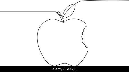 Continuous line bitten apple with leaf. Vector illustration. Stock Vector