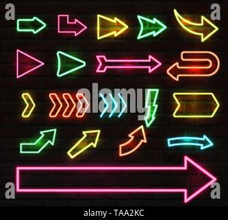 Set of colorful neon arrows and pointers, Vector illustration. Stock Vector