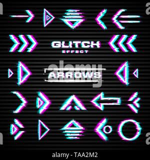 Set of glitch arrows, pointers, direction. Tech, science theme.  Stock Vector